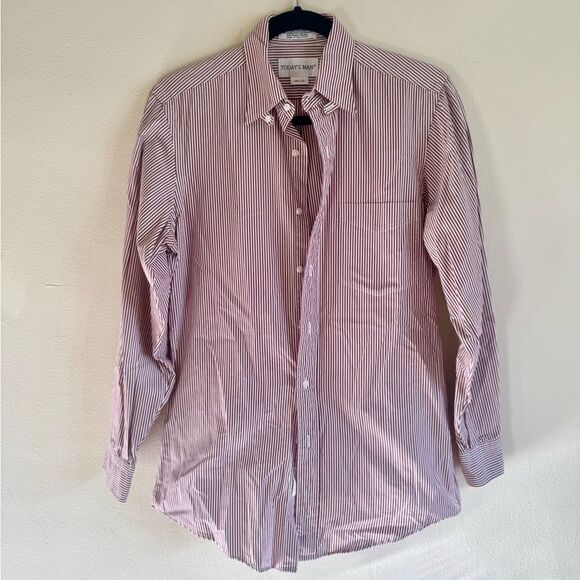 Red white pinstriped casual button down long sleeve cotton shirt - Picture 1 of 3